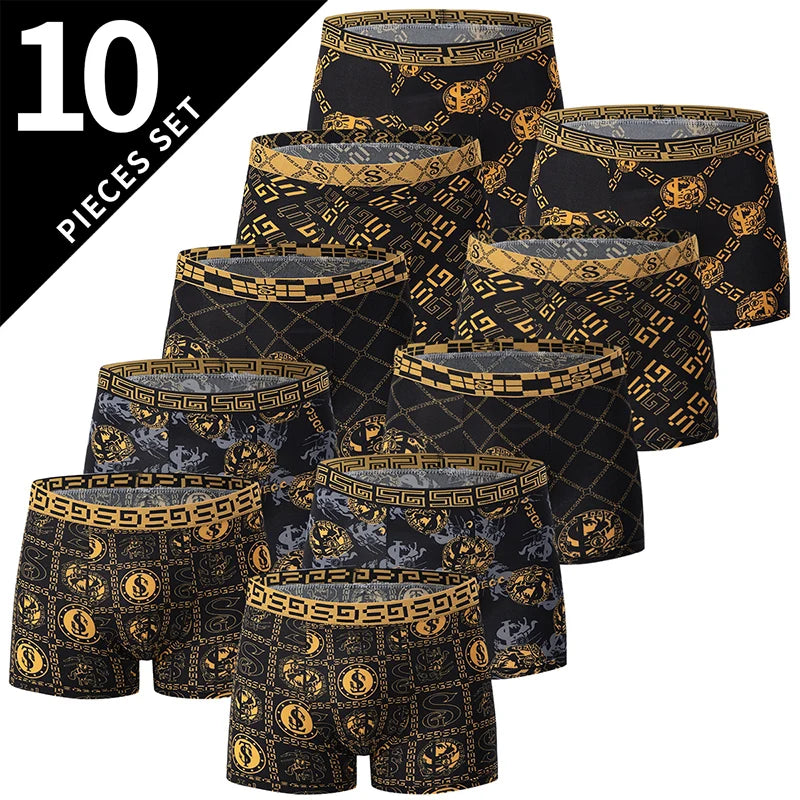 4 Pieces /10 Pieces Men's Black Gold Printed Boxer Underwear Comfortable And Versatile Plus Size Sexy Young Men's Casual Shorts