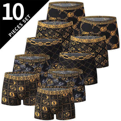 4 Pieces /10 Pieces Men's Black Gold Printed Boxer Underwear Comfortable And Versatile Plus Size Sexy Young Men's Casual Shorts