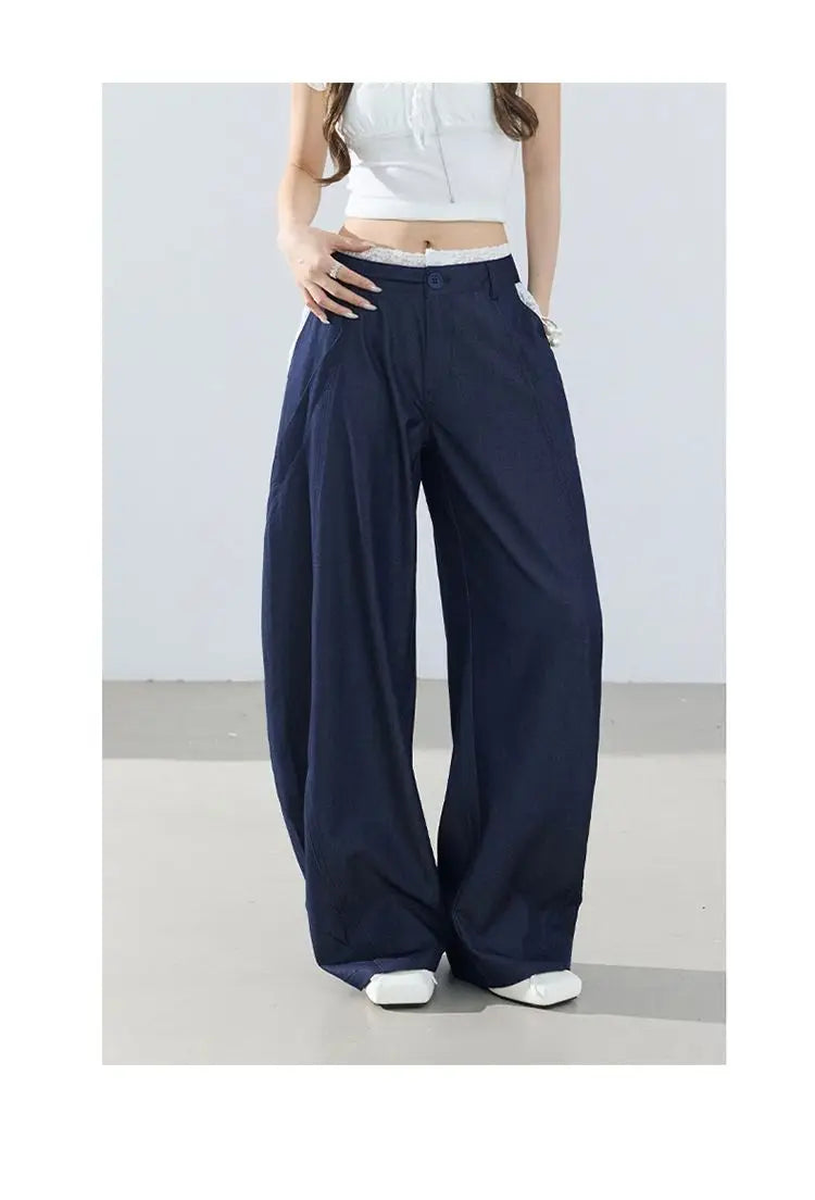 American-style retro loose wide-leg pants, lightweight curved pants, cool lace splicing, versatile casual pants for women