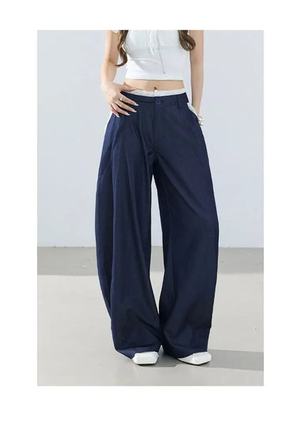 American-style retro loose wide-leg pants, lightweight curved pants, cool lace splicing, versatile casual pants for women