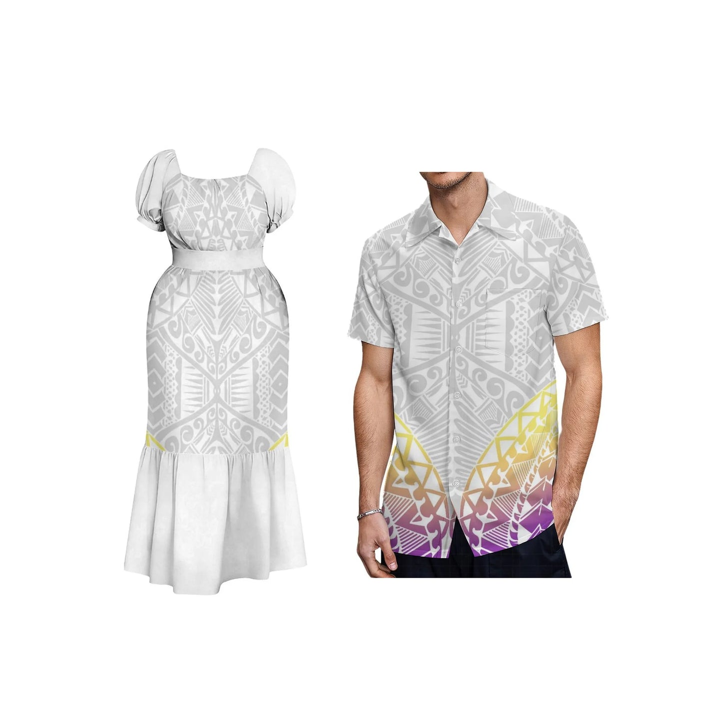 Women High Quality Custom Party Ladies White Sunday Dress Polynesian Cultural Outfit Square Neck Lace-up Dress Puff Short