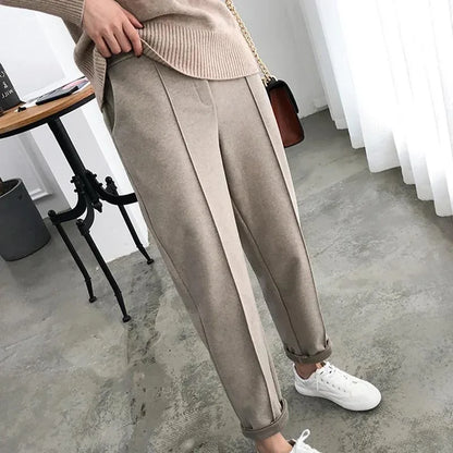 New Simple Warm Pants Women Casual Elastic Waist Pant Autumn Winter Thicken OL Wool Female Pants Loose Lady Trousers Capris