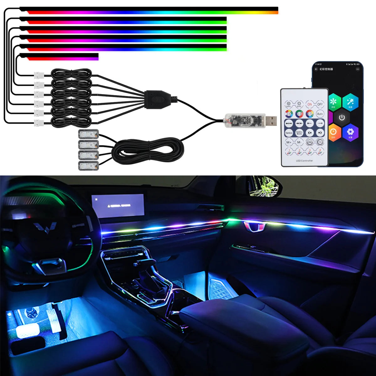 10 in 1 Car Interior Acrylic LED Ambient Lights For Tesla USB APP Remote Control RGB Symphony Atmosphere Lamp with Cigar Lighter