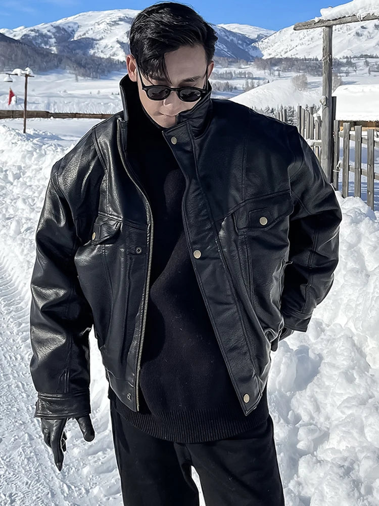 Mauroicardi Autumn Winter Waterproof Windproof Oversized Thickened Warm Black Faux Leather Jacket Men Zip Up Casual Cool Fashion