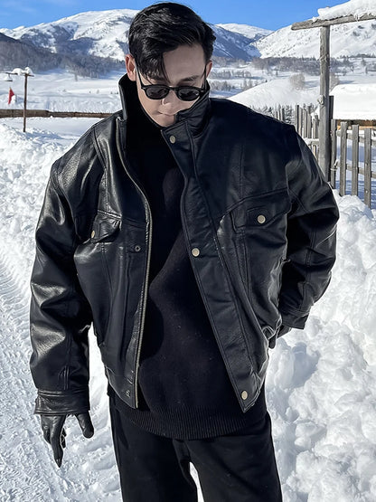 Mauroicardi Autumn Winter Waterproof Windproof Oversized Thickened Warm Black Faux Leather Jacket Men Zip Up Casual Cool Fashion