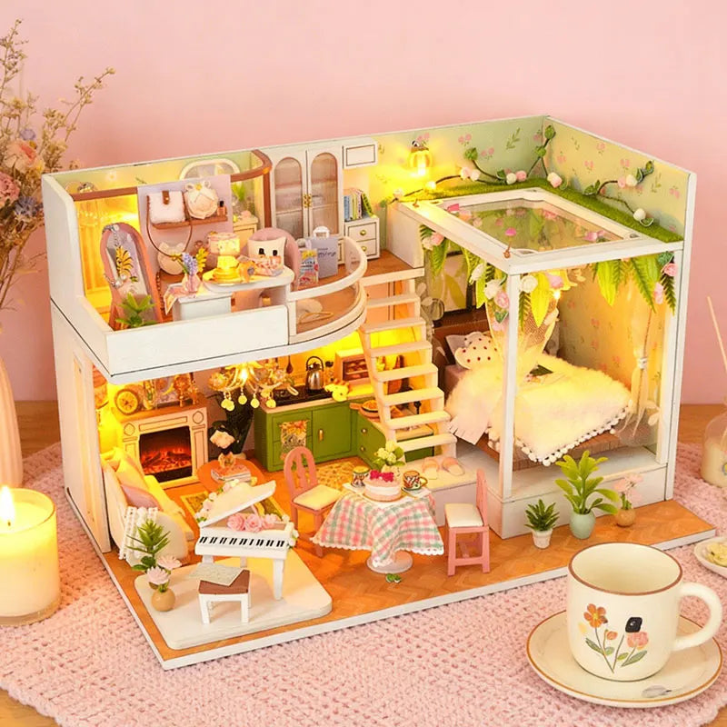 DIY Wooden Doll House Casa Miniature DollHouses Duplex Apartment Model Kits With Furniture LED Lights For Friends Birthday Gifts