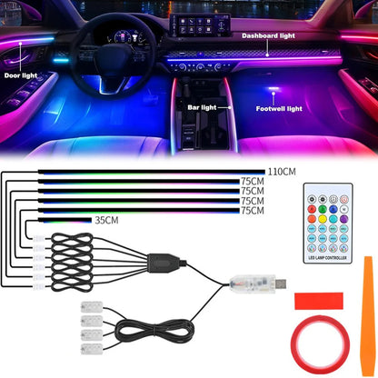 1/6/10 in 1Car LED Ambient Light Strip Acrylic Neon Interior Atmosphere Lamp with APP/Remote Control for Car Interior Dashboard