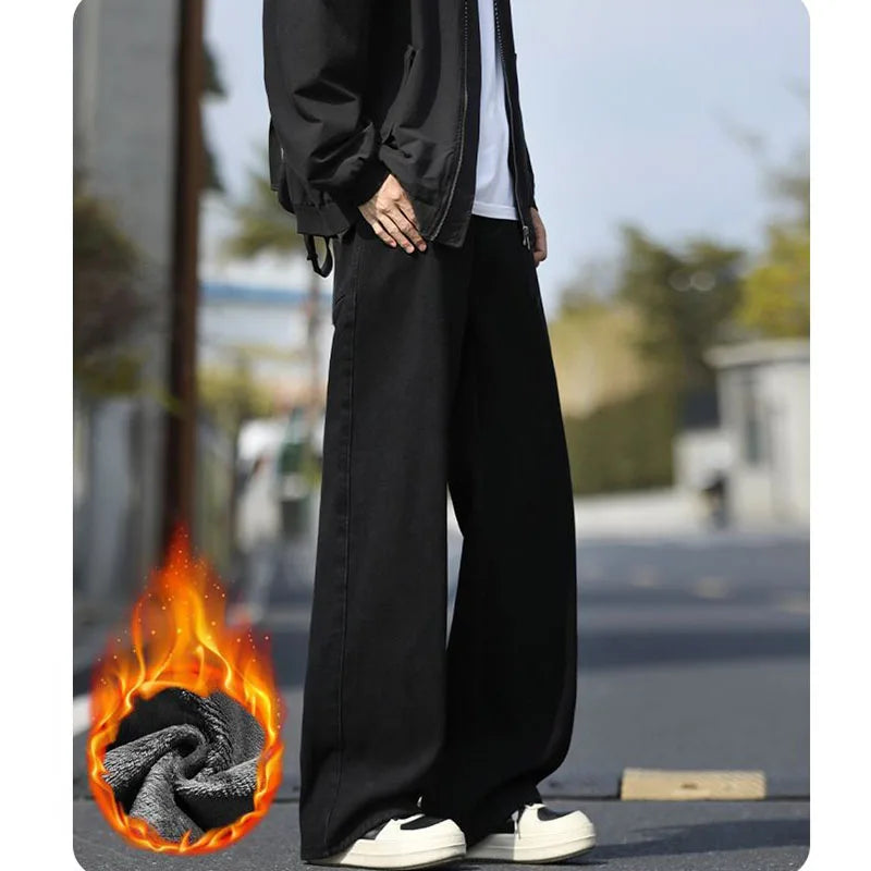 Hot Sale Men Snow Warm Plush Fleece Jeans Male Classic Loose Straight Leg Denim Pants Fashion Versatile Thickened Warm Trousers