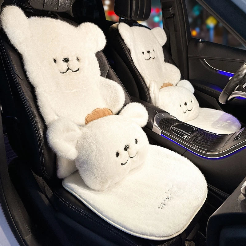 Winter Universal Car Seat Cushion Plush Cartoon Bear Thick Premium Feel Single Rear Cover for Girls Cute Seat Accessories