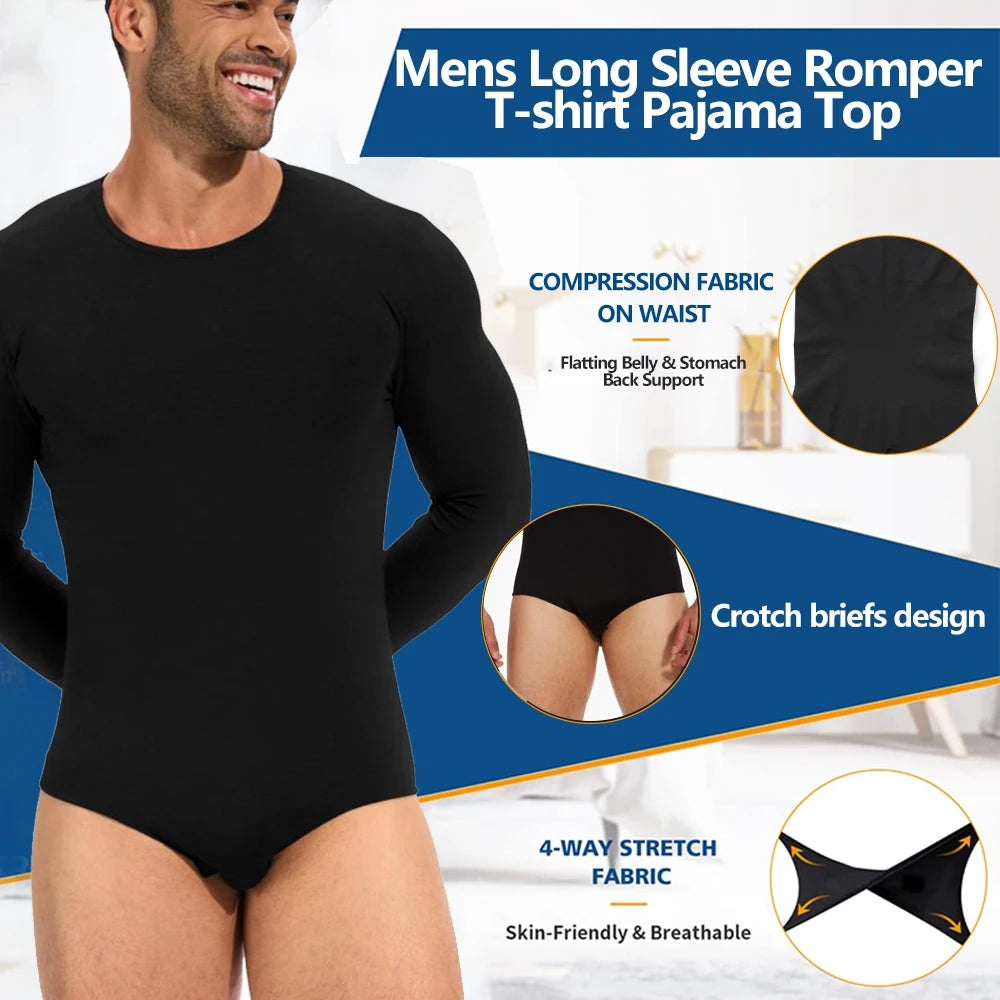 Mens Long Sleeve Bodysuit Full Body Shaper Romper Pajamas Waist Trainer Slimming Shapewear Tummy Control Underwear Undershirts