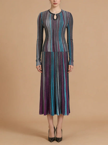 VGH Elegant Stylish Striped Knit Two Piece Set for Women Slimming Long Sleeve Pullovers Pleated Skirt Outfit for Cocktail Events