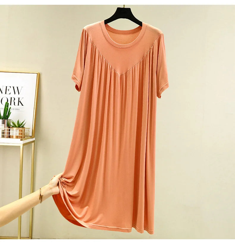 Loose plus Size Sp Dr Modal Women's Summer Thin Home Gown Skirt Sle round Ne ort Sve Long Dr Korean Sle