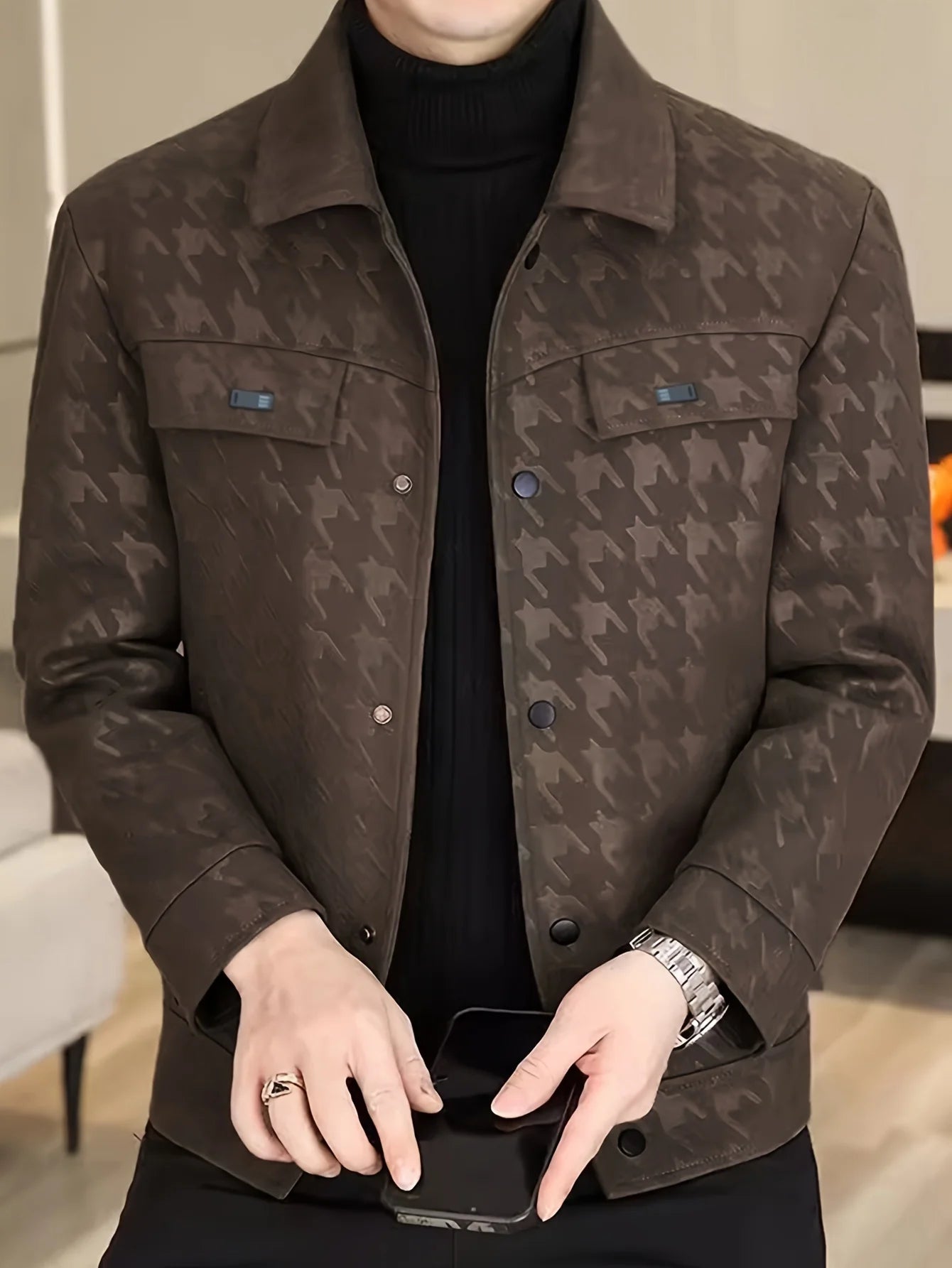Houndstooth Business Men's Leather Jacket Pu Lapel Multi-Flap Pocket Pants