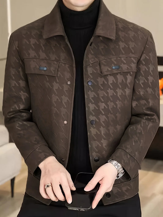 Houndstooth Business Men's Leather Jacket Pu Lapel Multi-Flap Pocket Pants