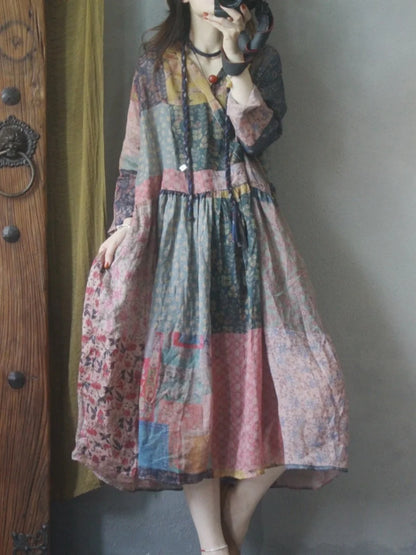Retro Stylish Loose Linen Dress Women's A-Line Long Skirt Summer New Style Slimming Ethnic Style V-Neck Sleeveless Dress