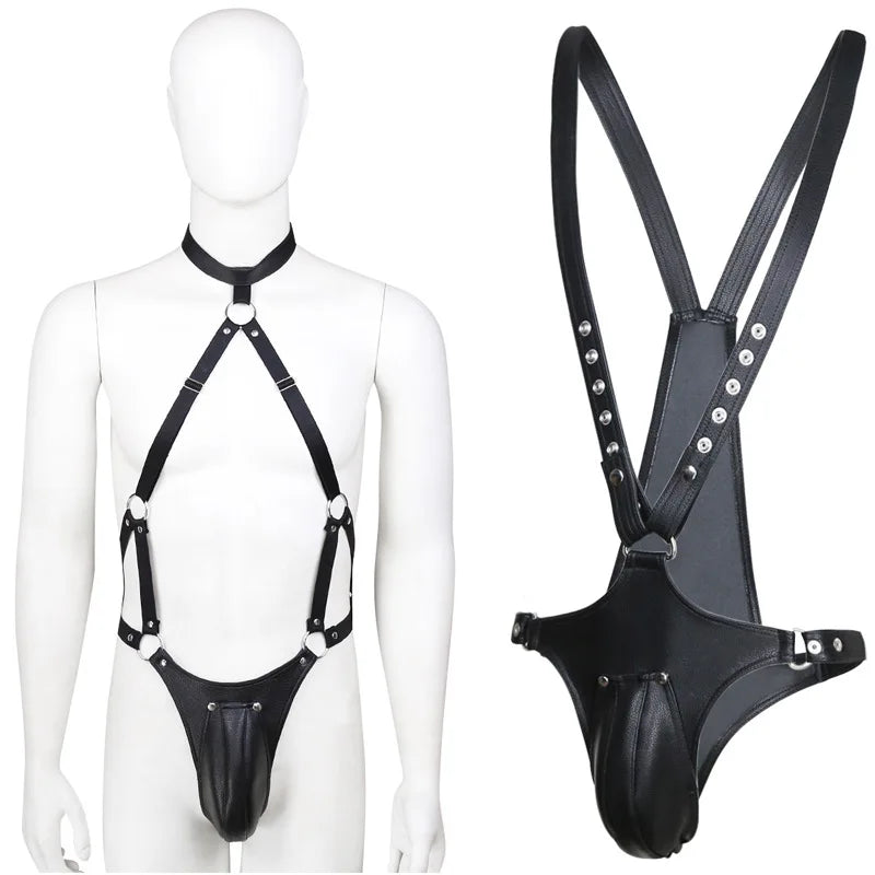 Mens PU Leather Body Harness Chest Strap Suspenders with Pouch BDSM Bondage Fetish Gear Role Play Adult Sex Toy for Men Gay
