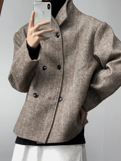 Mauroicardi Autumn Winter Cool Short Warm Herringbone Woolen Jacket MenStand Collar Double Breasted Luxury Designer Clothes 2025