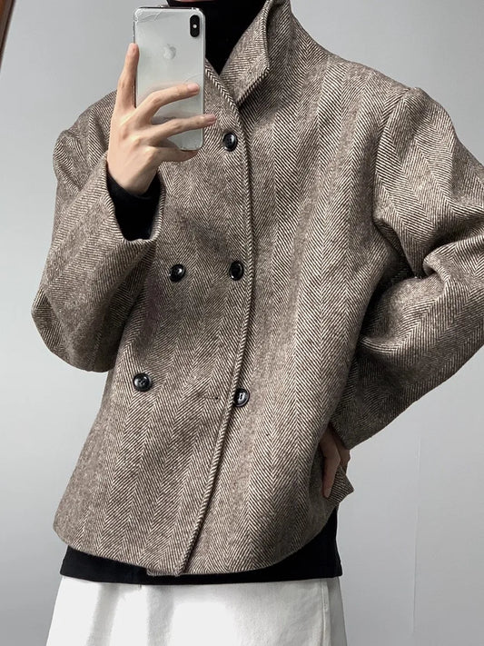 Mauroicardi Autumn Winter Cool Short Warm Herringbone Woolen Jacket MenStand Collar Double Breasted Luxury Designer Clothes 2025