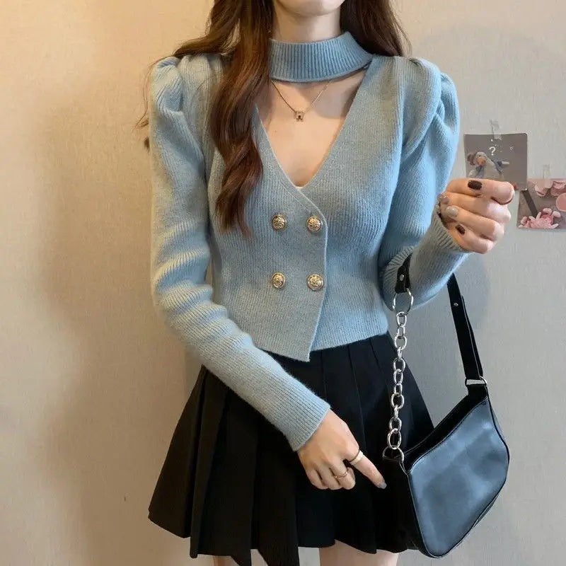 Elegant V-Neck Bubble Sleeve Knitwear Short Top Fashion Trend Neck Hanging Style Girl's French Style Slim Fit Long Sleeve Autumn