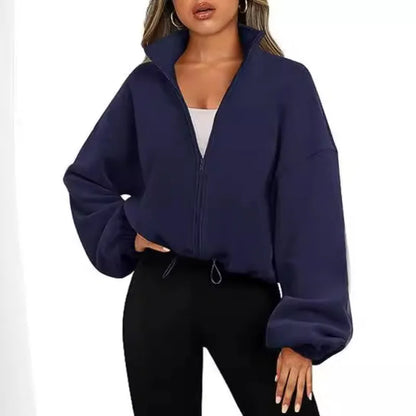 New Fashion Fall Winter Women's Short Zipper Hoodie Cropped Sweatshirt Drawstring Waist Puff Sleeve Pullover Y2k Clothing