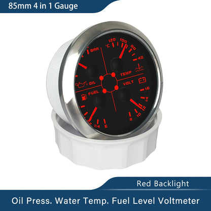 ELING Waterproof 85mm 4 in 1 Gauge Oil Pressure Water Temp Fuel Level Voltmeter with Light Alarm for Car Boat Yacht