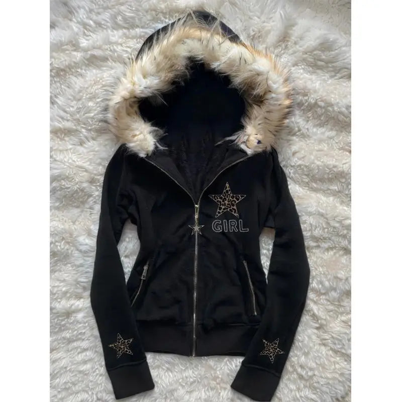 Retro autumn and winter subculture black leopard print star hooded fleece collar zipper sweatshirt Y2K hoodie