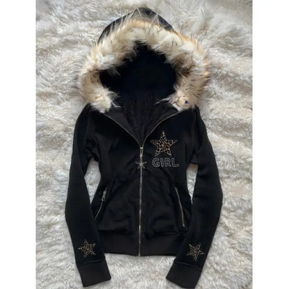 Retro autumn and winter subculture black leopard print star hooded fleece collar zipper sweatshirt Y2K hoodie