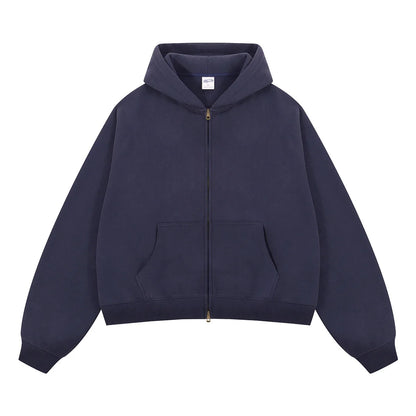 Custom LOGO women's  Autumn Winter New 370G Heavy Fleece BOXY Short and Wide Double Head Zipper Cardigan Couple Hooded Sweater