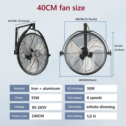 Modern Wall Fan Remote Control 6 Speed Electric Fan Ventilation Multi-Adjustable Oscillating Head Timer LED Ceiling Fan Light