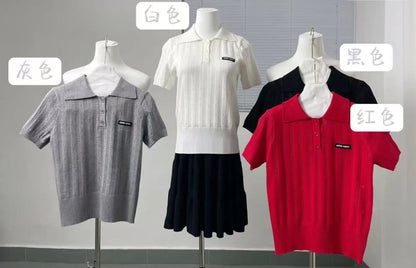 Red  Neck Knitted T-Shirt Women's Summer Style Short Sleeve White Color Loose Fit Casual Wear Polyester Blend Creative Pa...