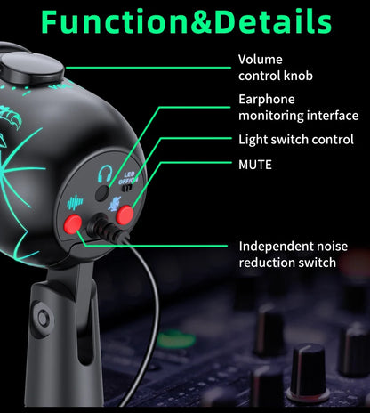 Gaming Microphone USB Microphone for PC Condenser Podcast Mic for Studio Recording with Headphone Jack, Led, Noise Cancellation