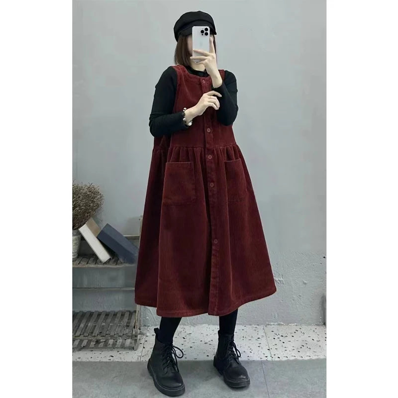 Retro Korean Style Corduroy Dress with Pockets Autumn Winter Loose Slimming Long Dress for Women Casual A-Line Skirt