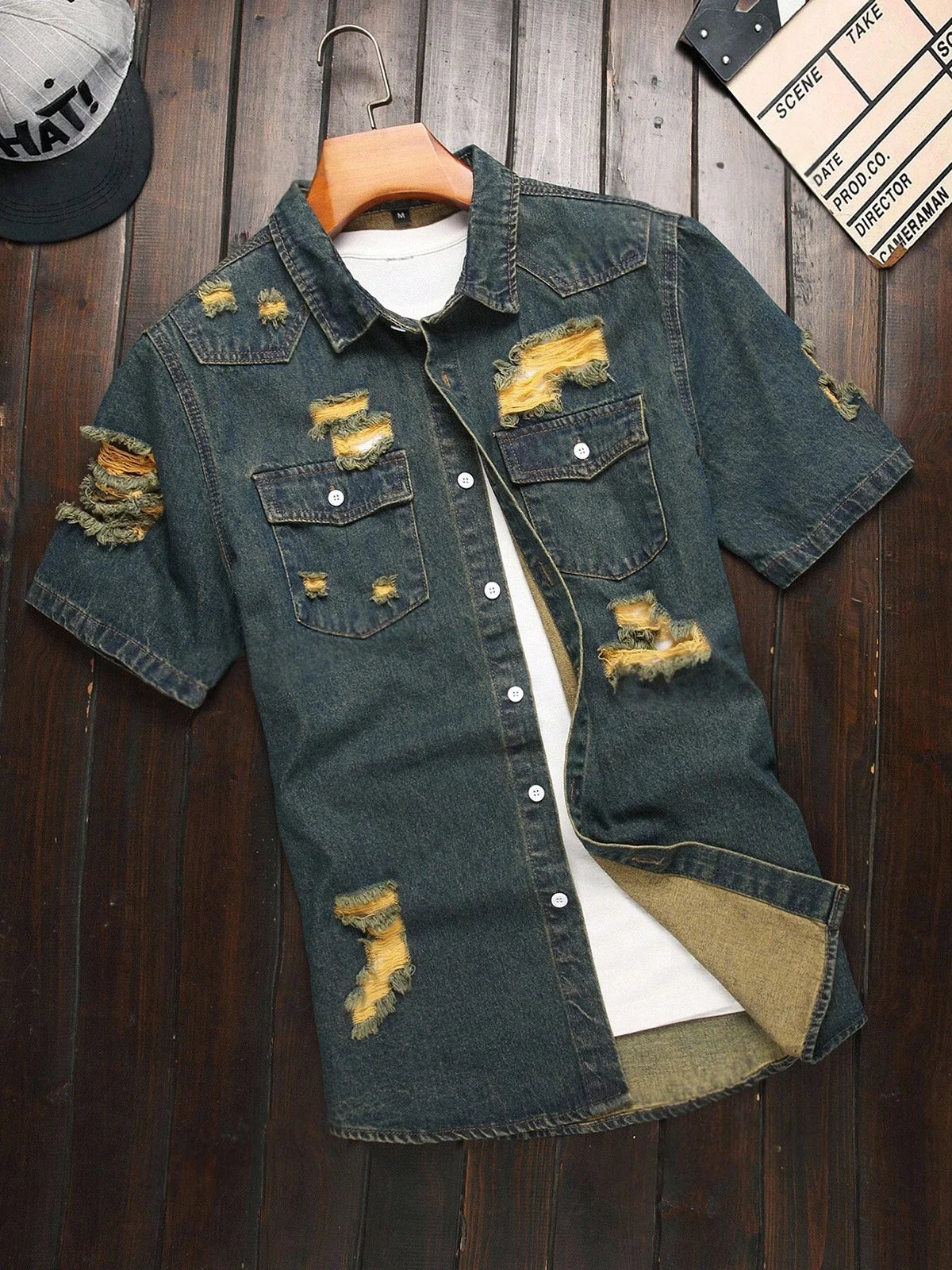 Men's Dark Denim Blue Vintage Ripped Short Sleeve Denim Shirt, Casual Lapel Denim Top With Pockets For Summer
