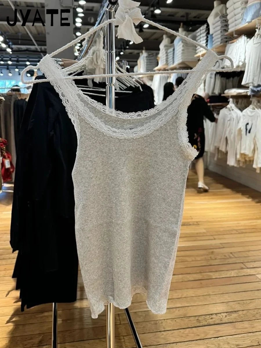 Vintage Lace Trim Blue Ribbed Camis Women New Casual Streetwear Slim Sexy Cotton Sleeveless Vests Sweet Cute Chic Tank Tops Y2K