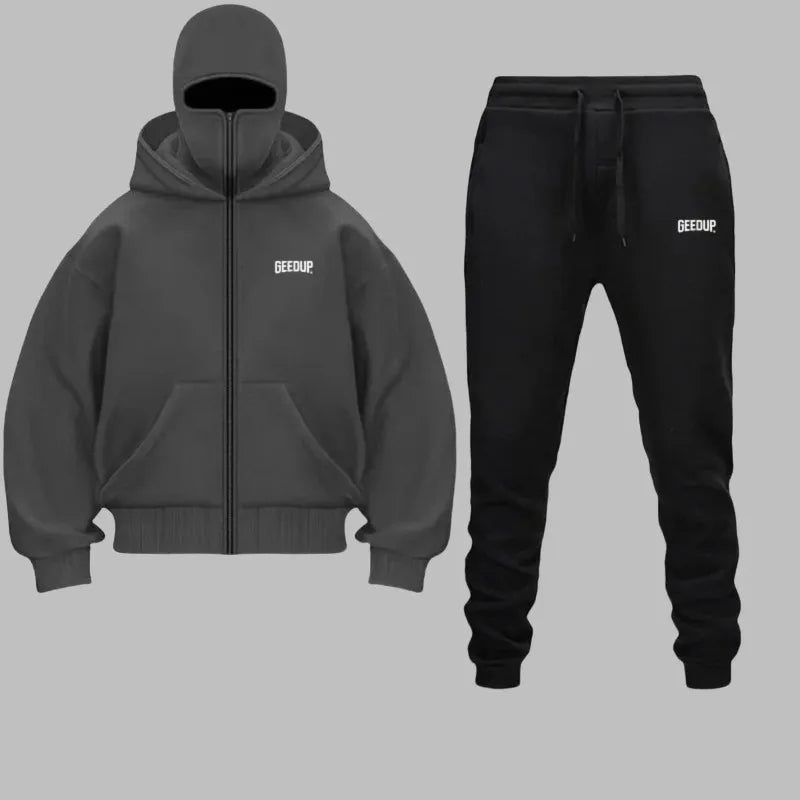 2025 Autumn Winter Men Zippered Hooded Sweatshirt Set - Balakrava Street Fashion Windproof Ninja Letter Design Two-Piece Set