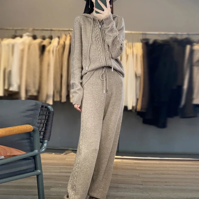 Women's Pure Cashmere Hooded Cardigan 2-Piece Set with Twisted Flower Design Loose Sweater And Wide-Leg Pants Wool Blend