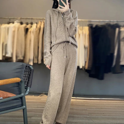 Women's Pure Cashmere Hooded Cardigan 2-Piece Set with Twisted Flower Design Loose Sweater And Wide-Leg Pants Wool Blend
