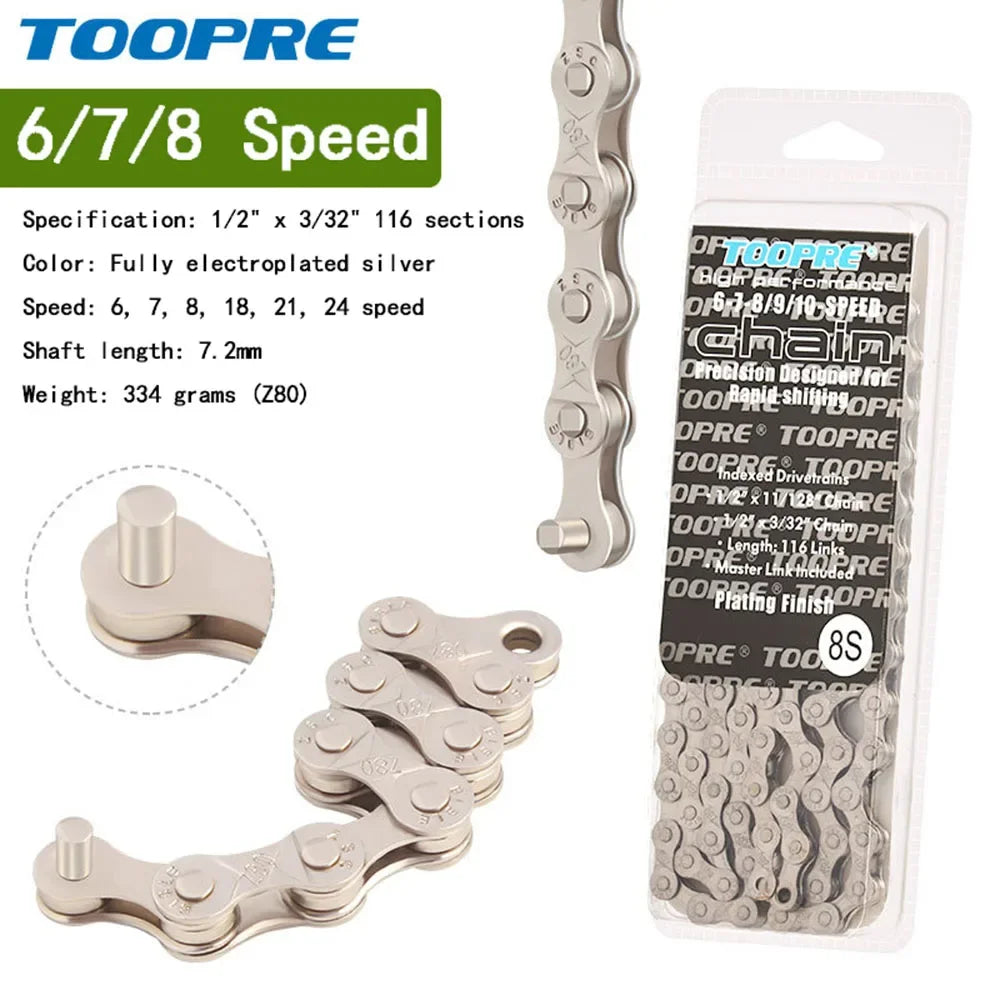 TOOPRE Bicycle chain 6 7 8 9 10 11 12 speed MTB Road bike Chain Single Speed Velocidade Electroplated Silver Golden Chain 116L