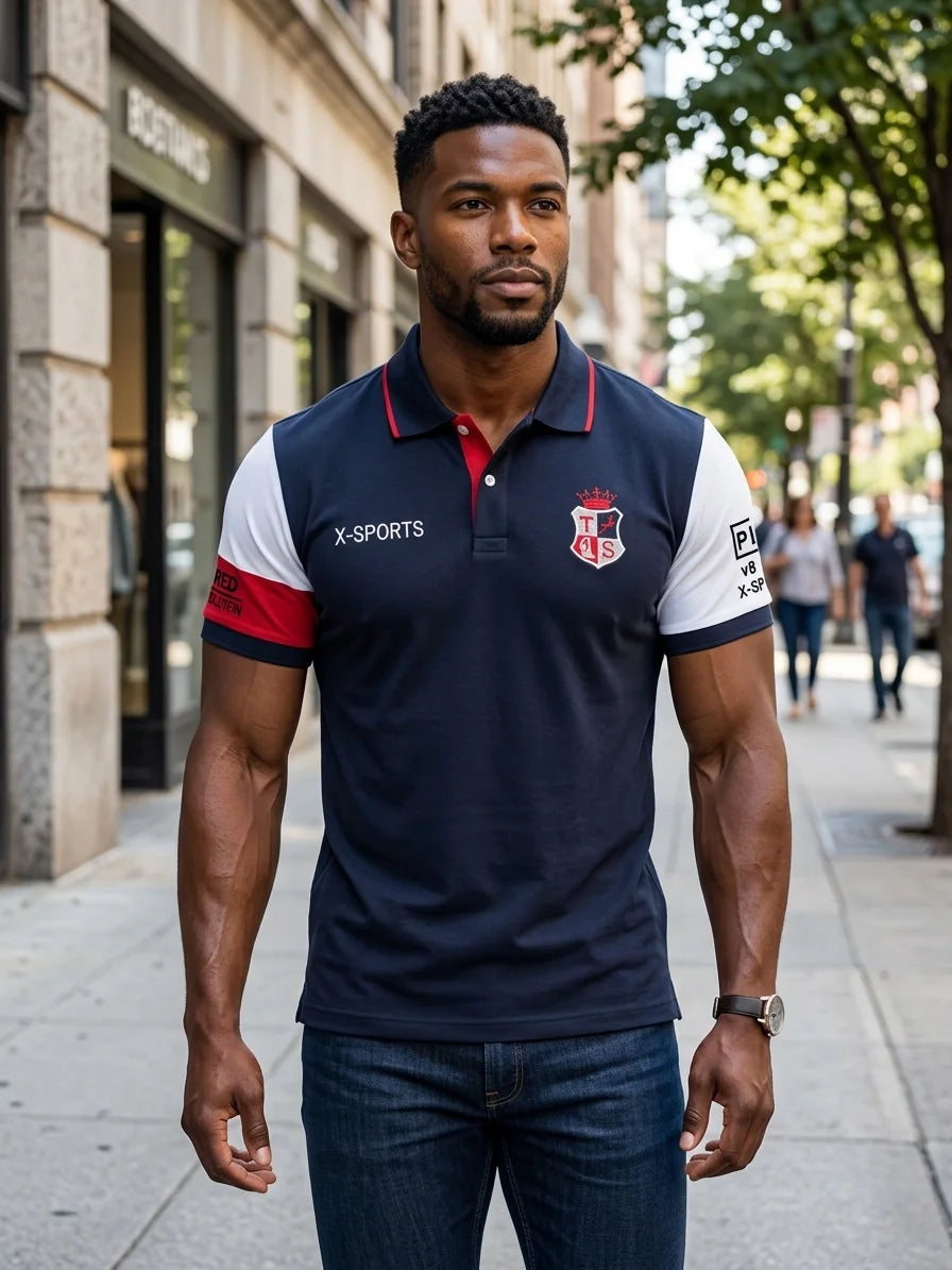 100% Pure Cotton Men Short Sleeve Polo Shirt Embroidery Trendy Contrast Color Splicing Classic Lapel Side Slits Extended Fit Sui