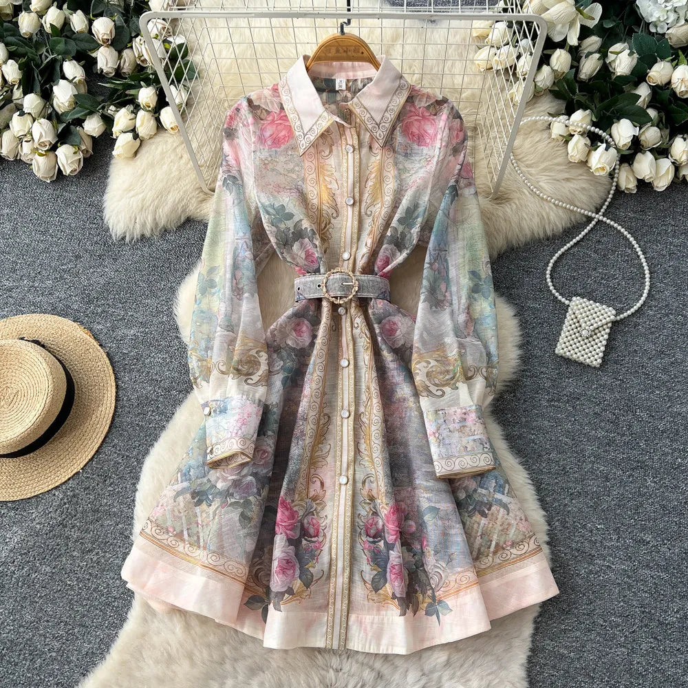 Elegant Flower Printed Linen Mini Dress with Long Lantern Sleeves Women's Lapel Single-Breasted for Birthday Party Club Wear