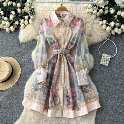 Elegant Flower Printed Linen Mini Dress with Long Lantern Sleeves Women's Lapel Single-Breasted for Birthday Party Club Wear
