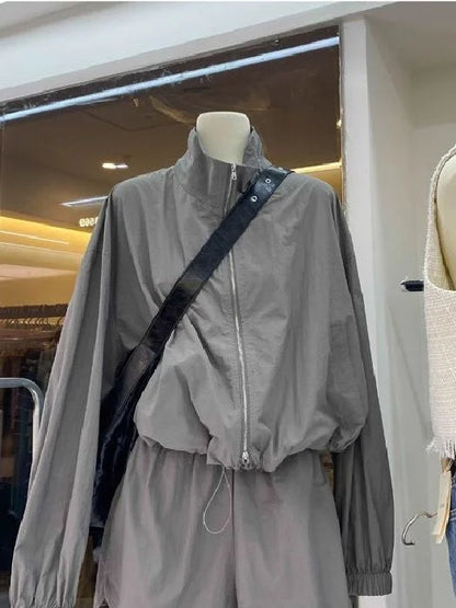 Summer Lightweight Casual Sportswear Set for Women with Stand Collar Drawstring Jacket And Wide Leg Shorts Two Piece Suit
