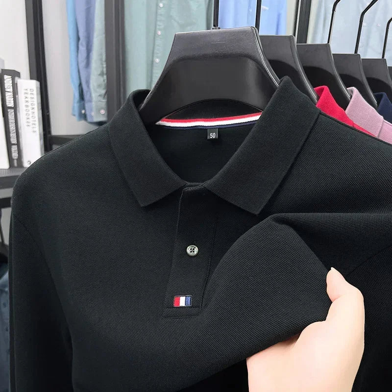 Collar T-shirt for men, long sleeved, autumn, middle-aged, business, pure cotton, casual polo shirt, top for men