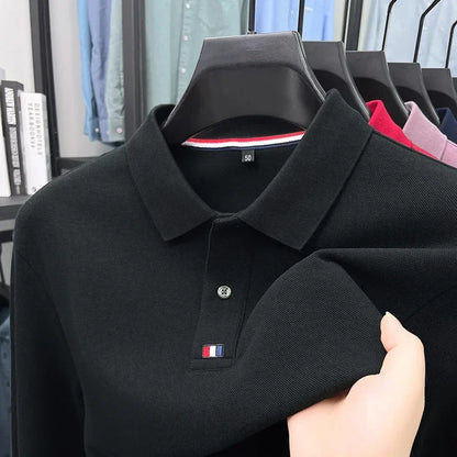 Collar T-shirt for men, long sleeved, autumn, middle-aged, business, pure cotton, casual polo shirt, top for men
