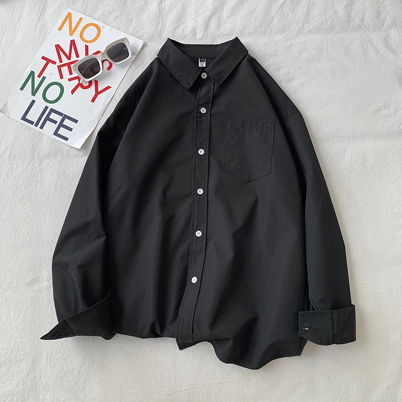 Loose Long Sleeve Pure Color Shirt Women's Basic Style Retro Korean Hong Kong Style Casual Outerwear for Couples Student Fashion