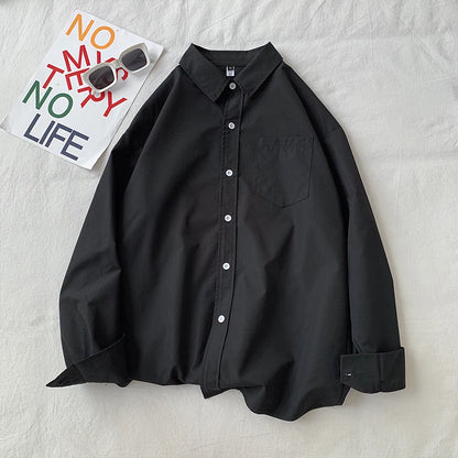 Loose Long Sleeve Pure Color Shirt Women's Basic Style Retro Korean Hong Kong Style Casual Outerwear for Couples Student Fashion