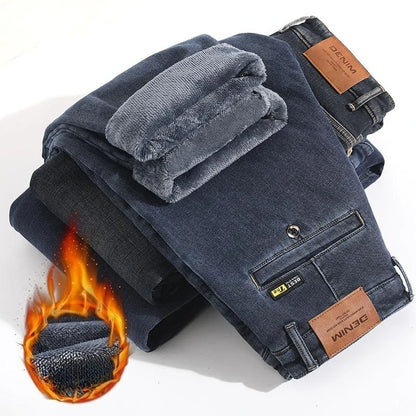 Warm Fleece-Lined Jeans Men's Relaxed Straight Leg Thickened Casual Velvet Denim Trousers Comfortable Daily Work Long Pants