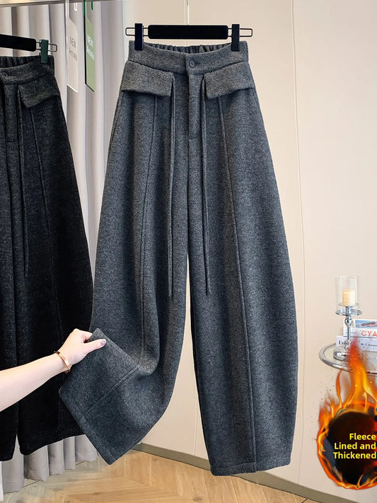 Warm Fleece Lined Trousers with Drawstring Casual Wide Leg Knife  Pants High Waist Polyester Blend Winter Fashion Ladies