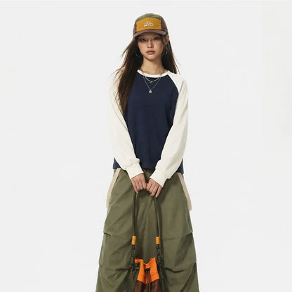 Maden Women's Americana Long Sleeve Pullover Sweatshirt Waffle Raglan Sleeve Soft Casual Colorblock Female Tops Spring Fall
