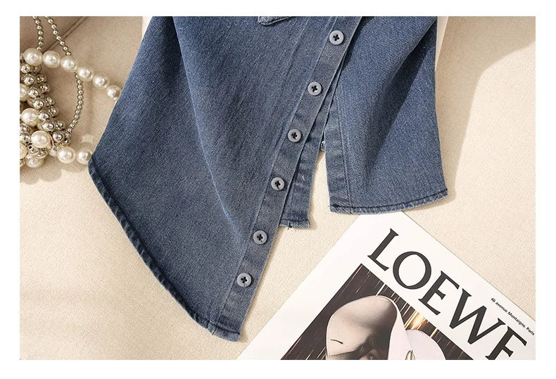 Irregular Halter Neck Denim Crop Top Women Summer Outdoor Wear with Chest Pad Slimming Sexy Girl Shirt Short Length Zipper